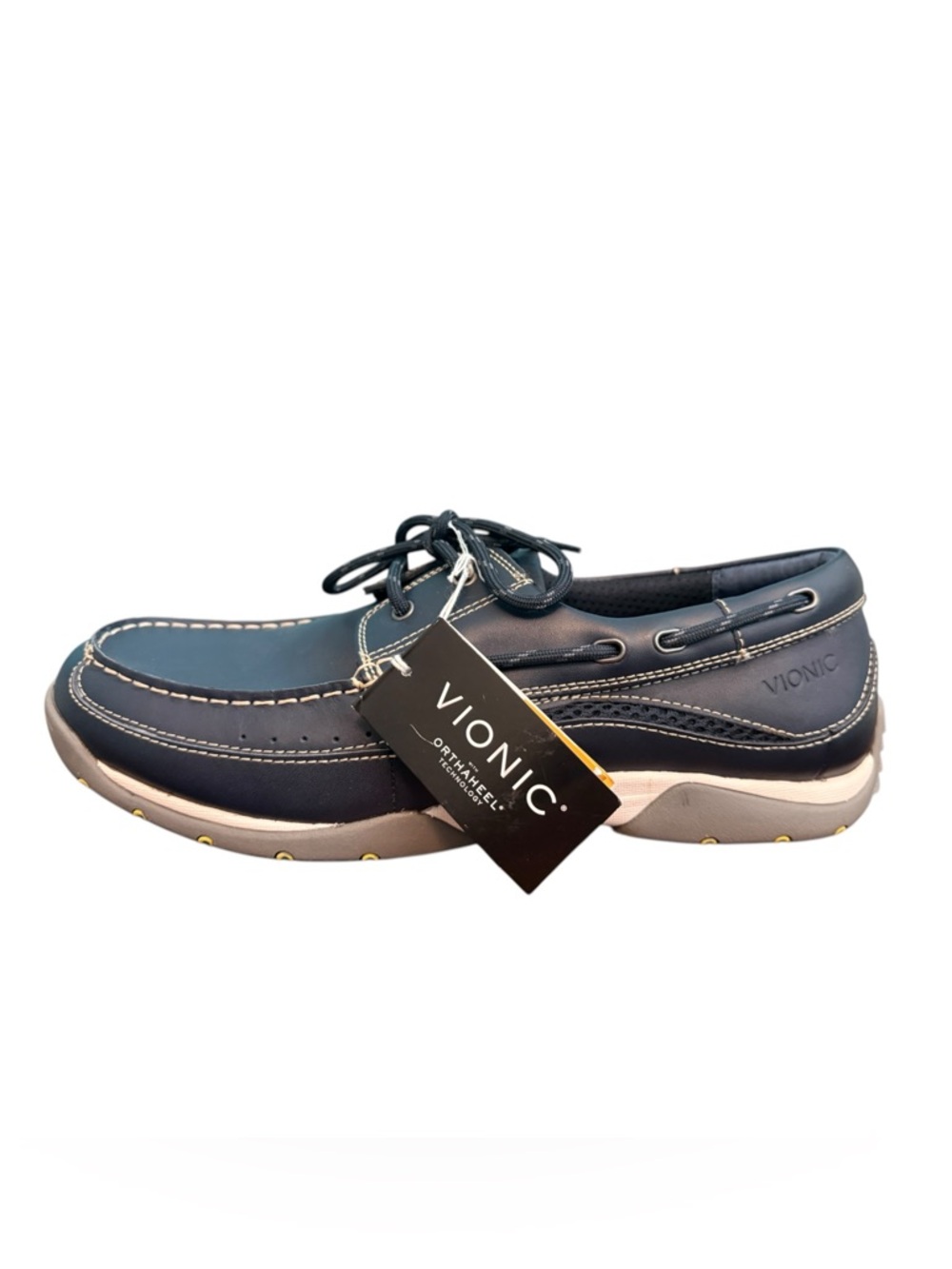 Vionic Men's Navy Leather Lace-Up Boat Shoe with Orthotic Support Size 10.5 NEW
